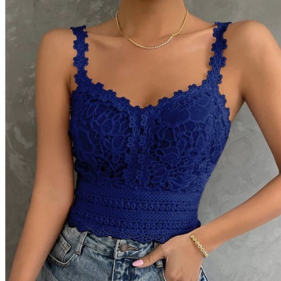 Tops - Blue Boho Frill Trim Shirred Back Lace Cami Top
